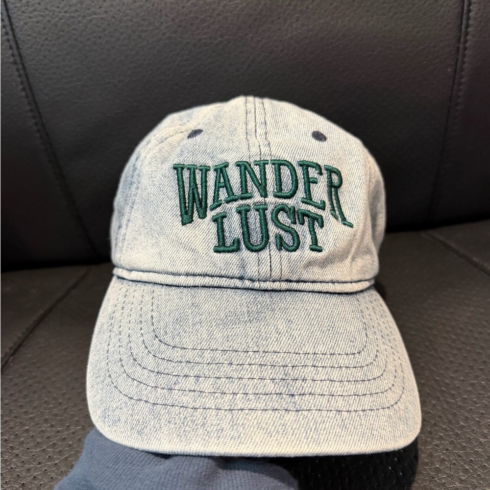 WANDERLUST Embroidered Denim Cap - Green Lettering